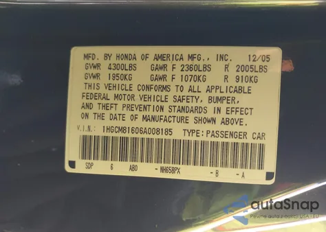 2006 Honda Accord 3.0 Ex из США, поврежденный, VIN 1HGCM81606A008185